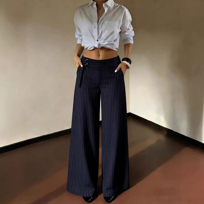 Womens Slim-fit Navy Blue Pinstripe Wide-leg Pants by Ricaloux