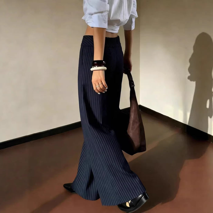 Womens Slim-fit Navy Blue Pinstripe Wide-leg Pants by Ricaloux