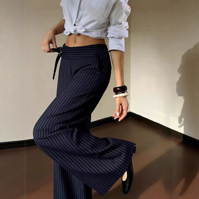 Womens Slim-fit Navy Blue Pinstripe Wide-leg Pants by Ricaloux