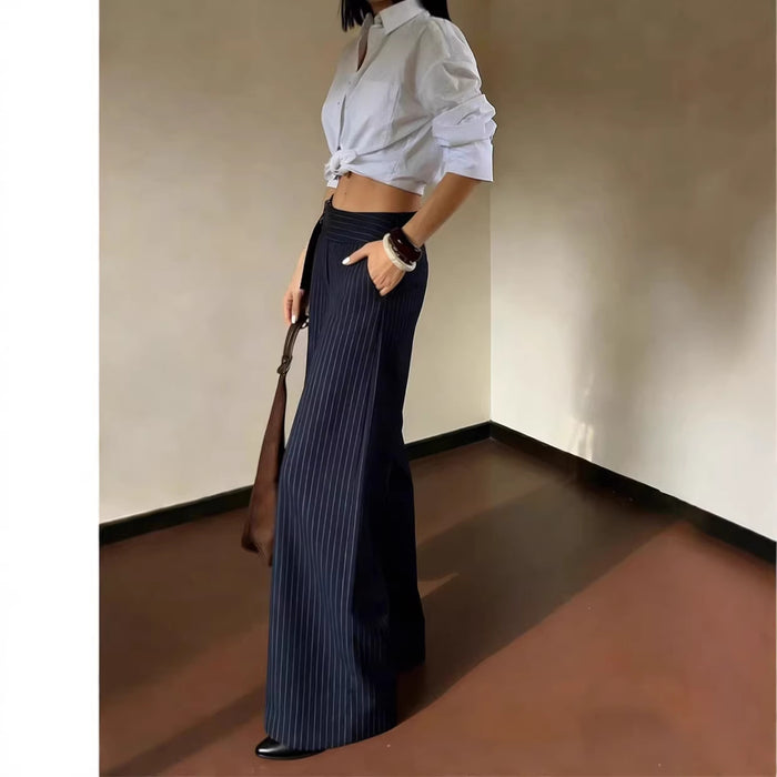 Womens Slim-fit Navy Blue Pinstripe Wide-leg Pants by Ricaloux