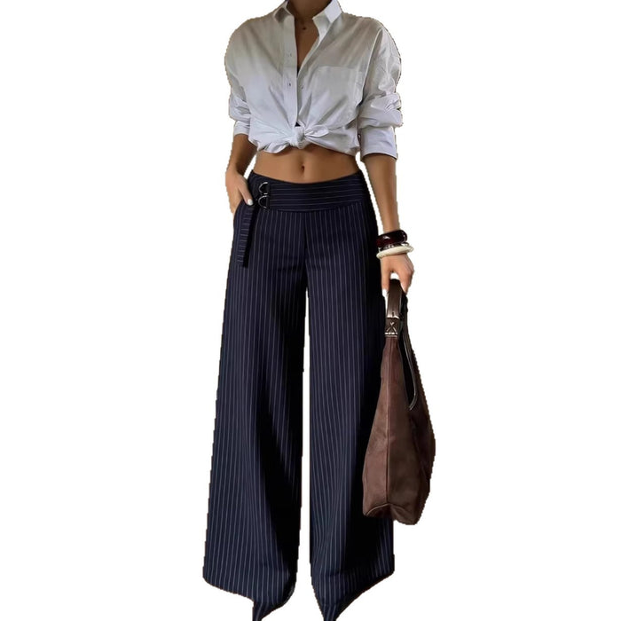 Womens Slim-fit Navy Blue Pinstripe Wide-leg Pants by Ricaloux
