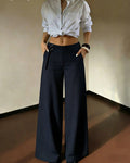 Womens Slim-fit Navy Blue Pinstripe Wide-leg Pants by Ricaloux