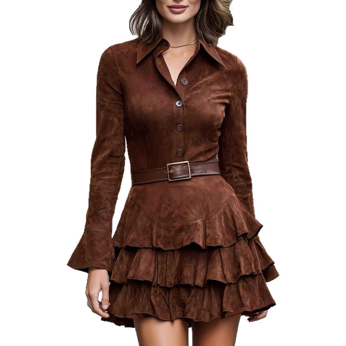 Womens Slim-Fit Solid-Color Suede Ruffled Long-Sleeve Shirt Dress – Premium 0 | RICALOUX