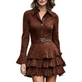 Womens Slim-Fit Solid-Color Suede Ruffled Long-Sleeve Shirt Dress – Premium 0 | RICALOUX