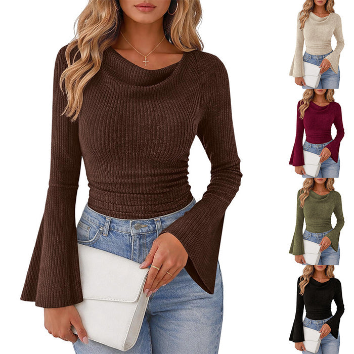 Womens Solid-Color Brushed T-Shirt With Flared Long Sleeves by Ricaloux