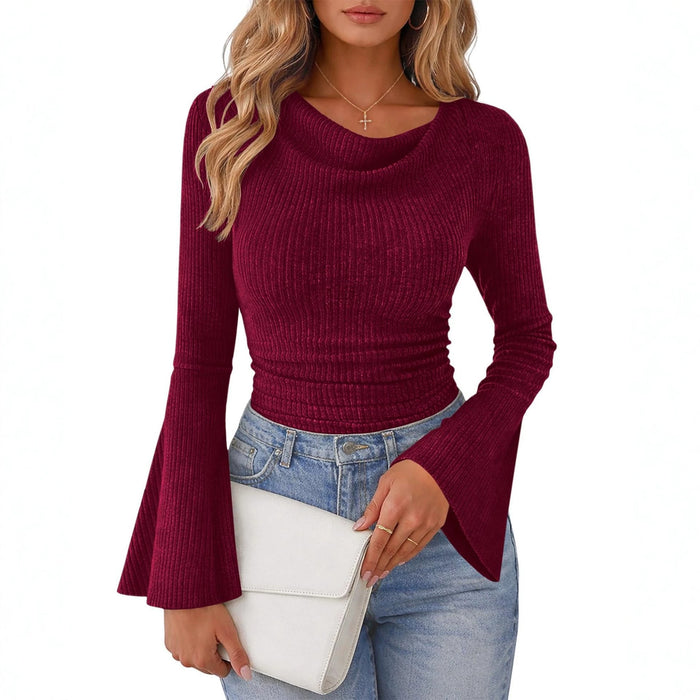 Womens Solid-Color Brushed T-Shirt With Flared Long Sleeves by Ricaloux