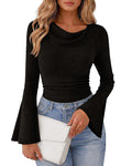 Womens Solid-Color Brushed T-Shirt With Flared Long Sleeves by Ricaloux