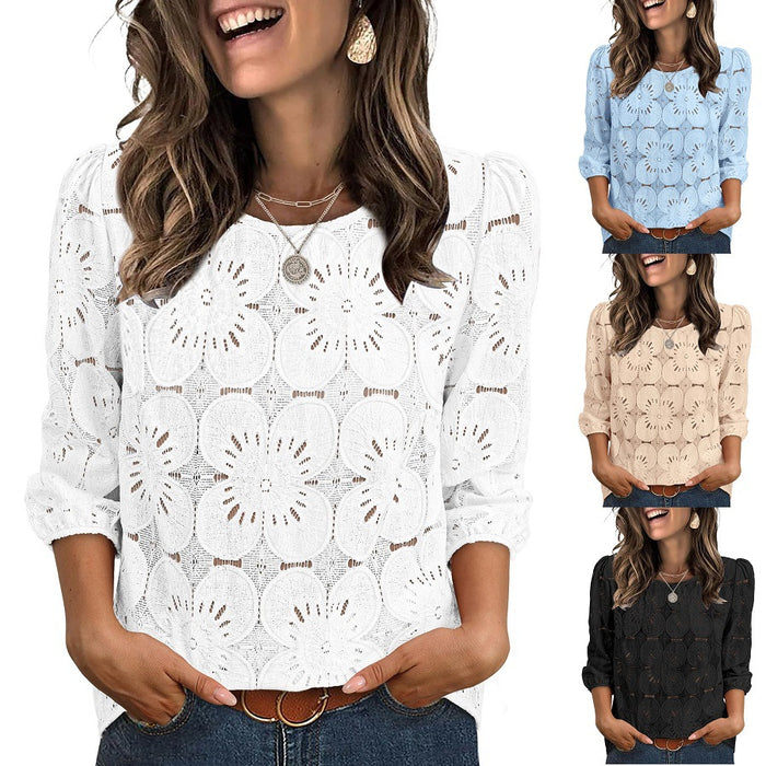 Womens Solid-color Casual Hollow-out Lace Three-quarter-sleeve Crew-neck Top by Ricaloux