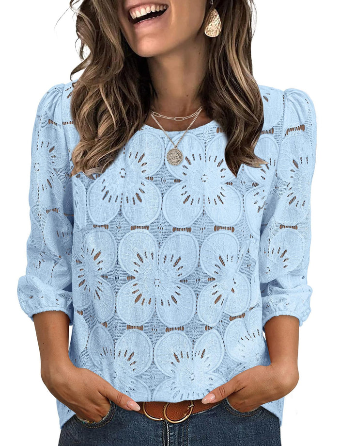 Womens Solid-color Casual Hollow-out Lace Three-quarter-sleeve Crew-neck Top – Premium 0 | RICALOUX
