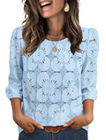 Womens Solid-color Casual Hollow-out Lace Three-quarter-sleeve Crew-neck Top – Premium 0 | RICALOUX
