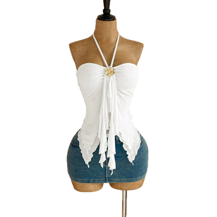 Womens Solid-color Double-layer Mesh Halter Tube Top Vest by Ricaloux