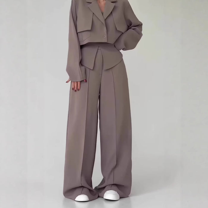 Womens Solid-color Elegant Blazer And Wide-leg Suspender Pants Set by Ricaloux