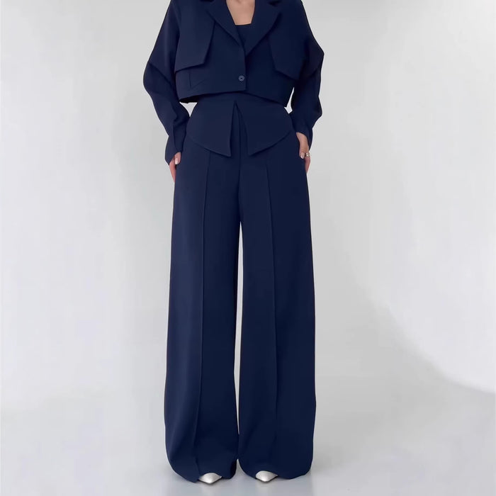 Womens Solid-color Elegant Blazer And Wide-leg Suspender Pants Set by Ricaloux