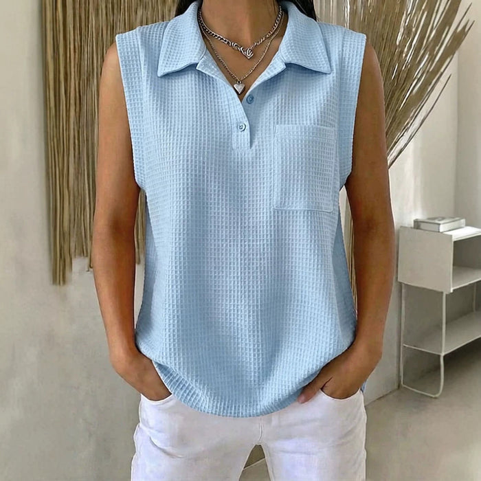 Womens Solid-color Knitted Polo-neck Sleeveless Shirt Vest by Ricaloux