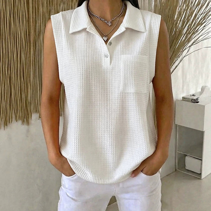 Womens Solid-color Knitted Polo-neck Sleeveless Shirt Vest by Ricaloux