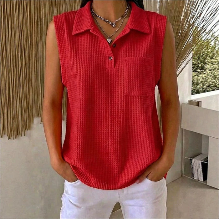 Womens Solid-color Knitted Polo-neck Sleeveless Shirt Vest – Premium 0 | RICALOUX