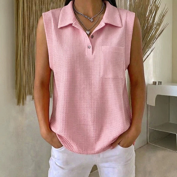 Womens Solid-color Knitted Polo-neck Sleeveless Shirt Vest – Premium 0 | RICALOUX