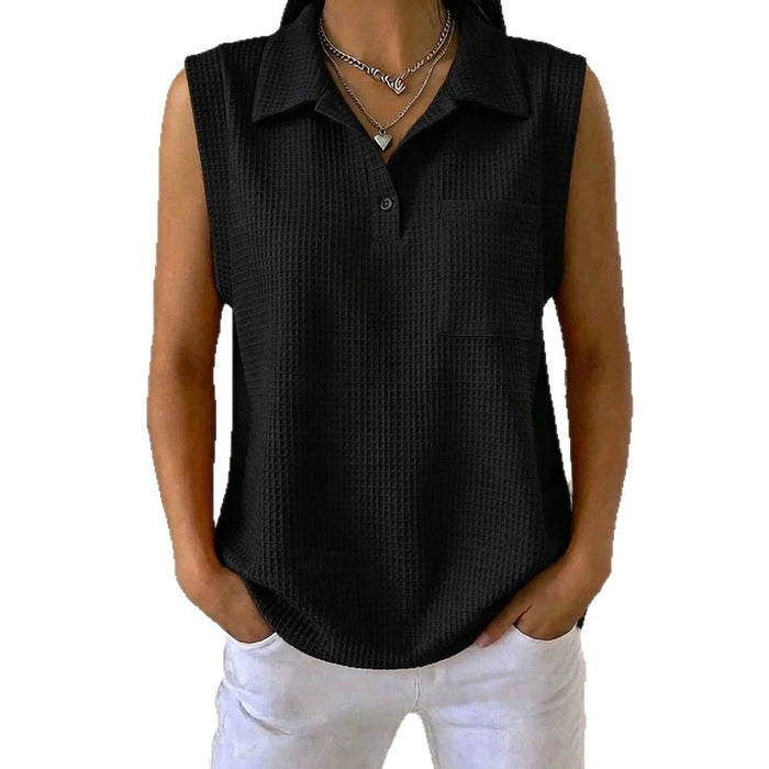 Womens Solid-color Knitted Polo-neck Sleeveless Shirt Vest – Premium 0 | RICALOUX
