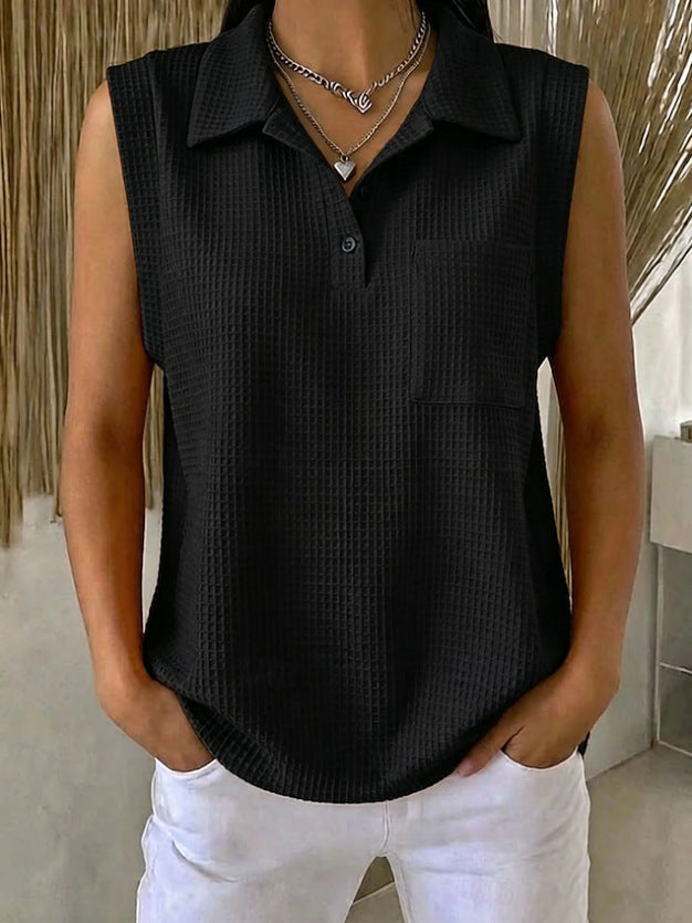 Womens Solid-color Knitted Polo-neck Sleeveless Shirt Vest – Premium 0 | RICALOUX