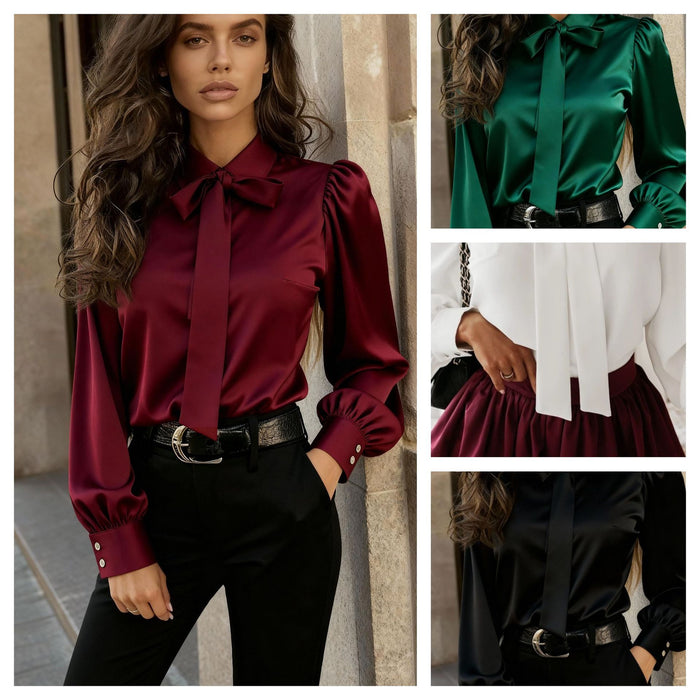Womens Solid-Color Long-Sleeve Satin Blouse With Bow by Ricaloux
