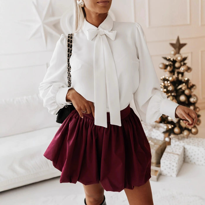 Womens Solid-Color Long-Sleeve Satin Blouse With Bow by Ricaloux