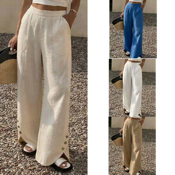 Womens Solid-color Loose-fit Straight-leg Casual Wide-leg Pants With Pockets by Ricaloux