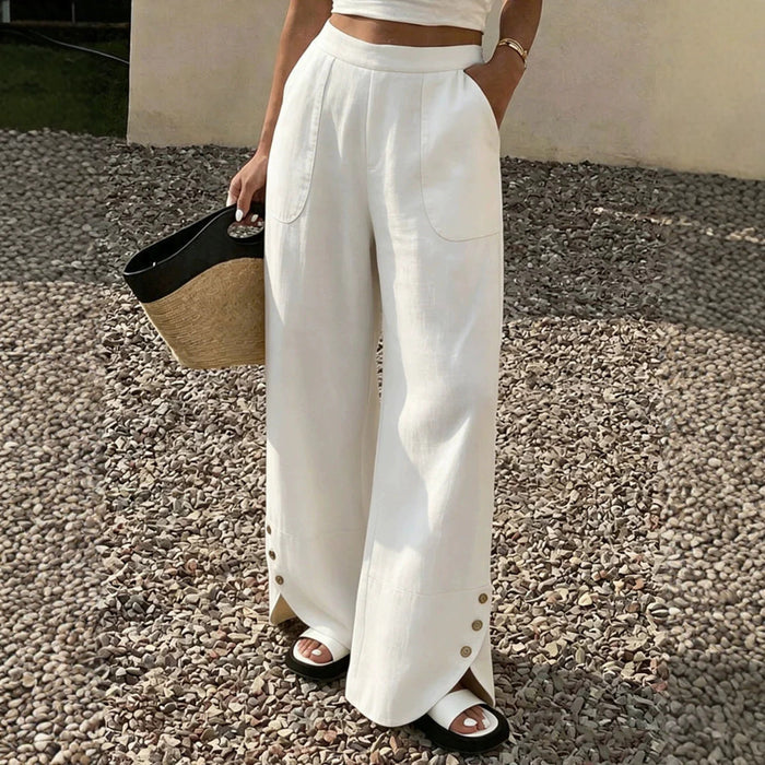 Womens Solid-color Loose-fit Straight-leg Casual Wide-leg Pants With Pockets by Ricaloux