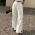 Womens Solid-color Loose-fit Straight-leg Casual Wide-leg Pants With Pockets by Ricaloux