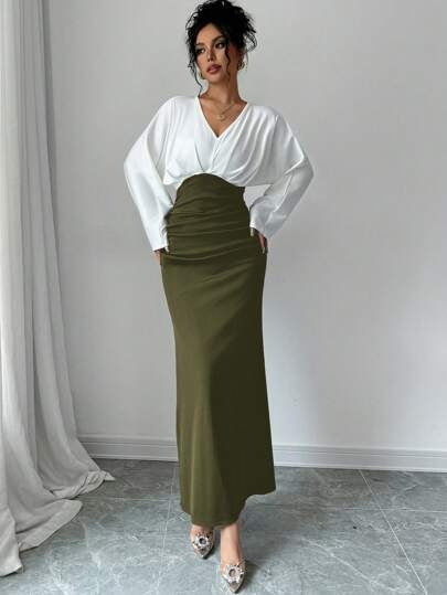 Womens Solid-Color Patchwork Long-Sleeve Slim-Fit Dress by Ricaloux