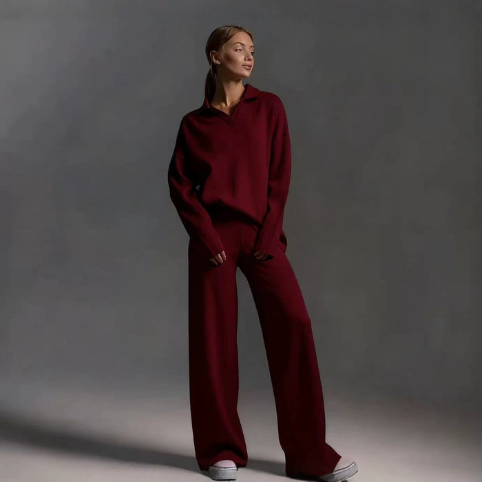 Womens Solid-color Polo-collar Wide-leg Pants Set by Ricaloux