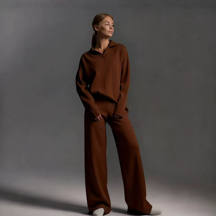 Womens Solid-color Polo-collar Wide-leg Pants Set by Ricaloux