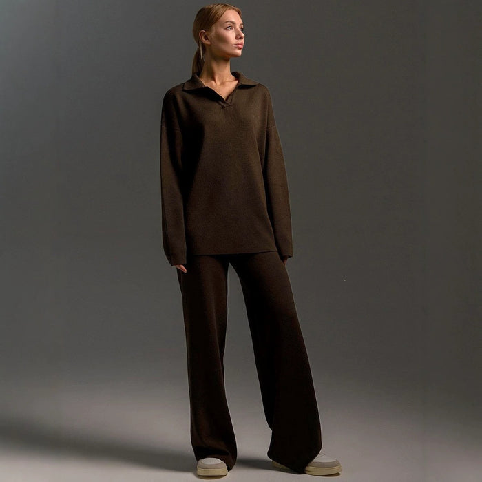 Womens Solid-color Polo-collar Wide-leg Pants Set by Ricaloux