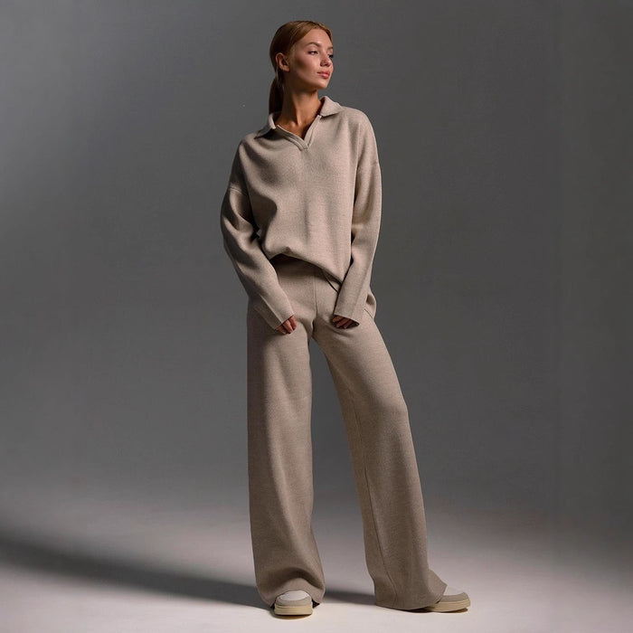 Womens Solid-color Polo-collar Wide-leg Pants Set by Ricaloux