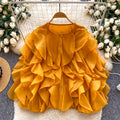 Womens Solid-color Round-neck Irregular Ruffled-edge Button-up Blouse – Premium 0 | RICALOUX