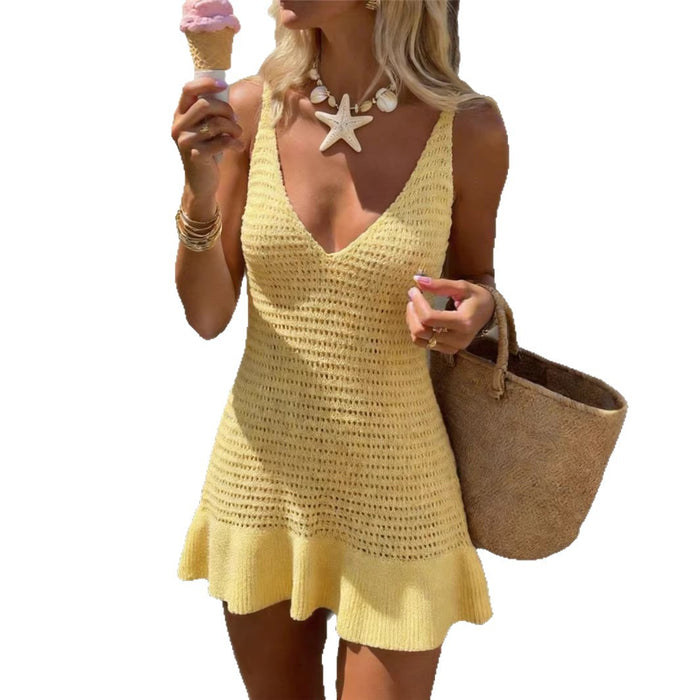 Womens Solid-color Sleeveless V-neck Dress With A Flounced Hem – Premium 0 | RICALOUX