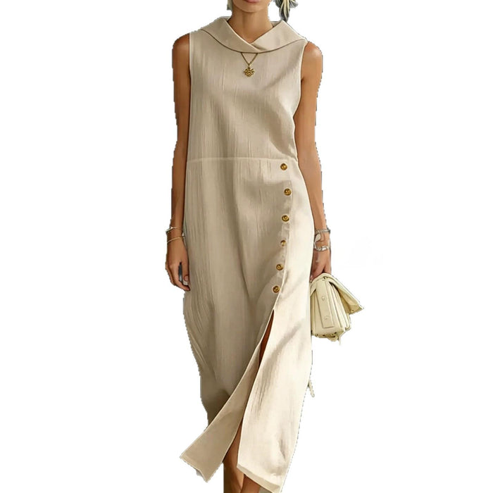 Womens Solid-Color Slit-Neckline Button-Down Long Dress by Ricaloux