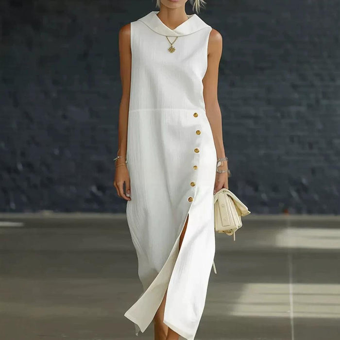 Womens Solid-Color Slit-Neckline Button-Down Long Dress by Ricaloux
