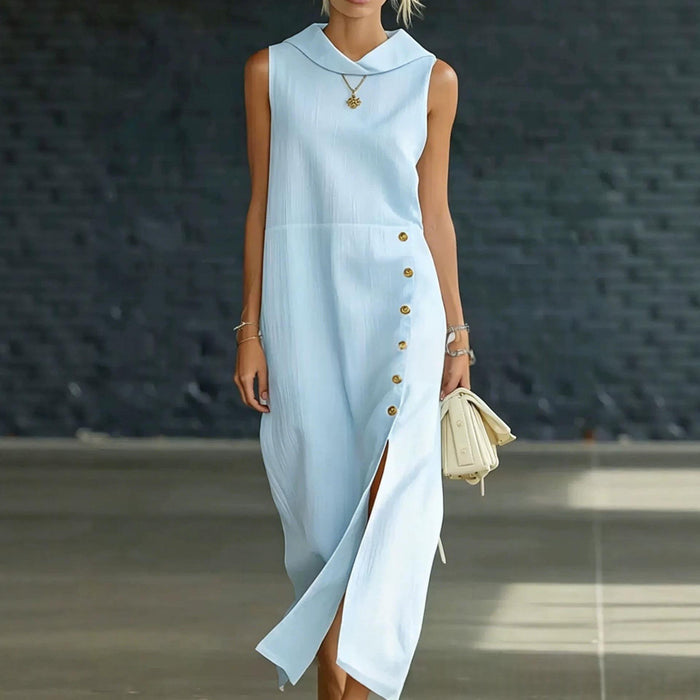 Womens Solid-Color Slit-Neckline Button-Down Long Dress by Ricaloux