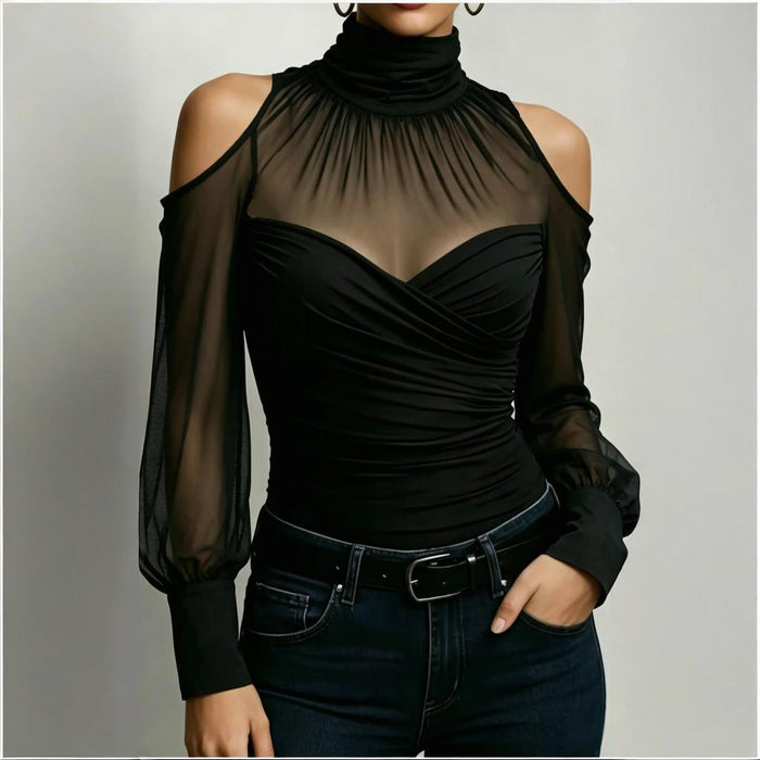 Womens Solid-Color Turtleneck Off-Shoulder Lantern Long-Sleeve Top – Premium 0 | RICALOUX