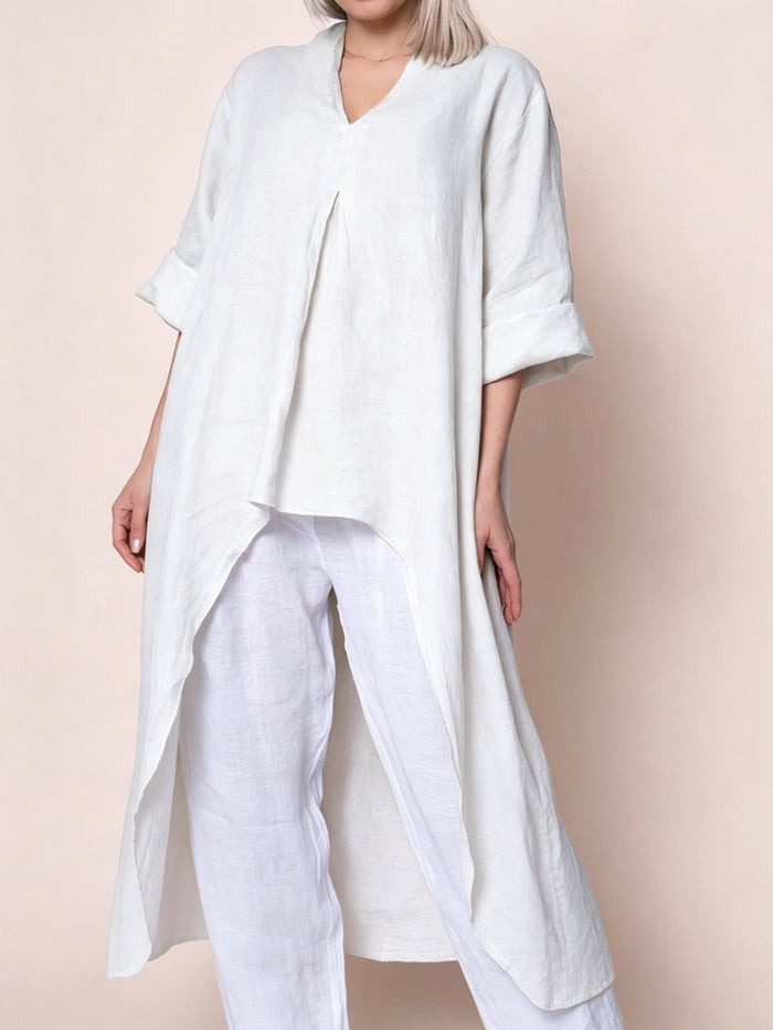 Womens Solid-Color V-Neck Asymmetric Long-Sleeve Shirt by Ricaloux