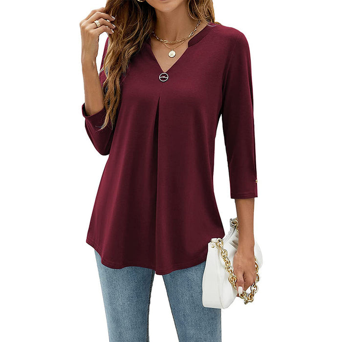 Womens Solid-Color V-Neck Pleated T-Shirt With Three-Quarter Sleeves And Button Accents – Premium 0 | RICALOUX