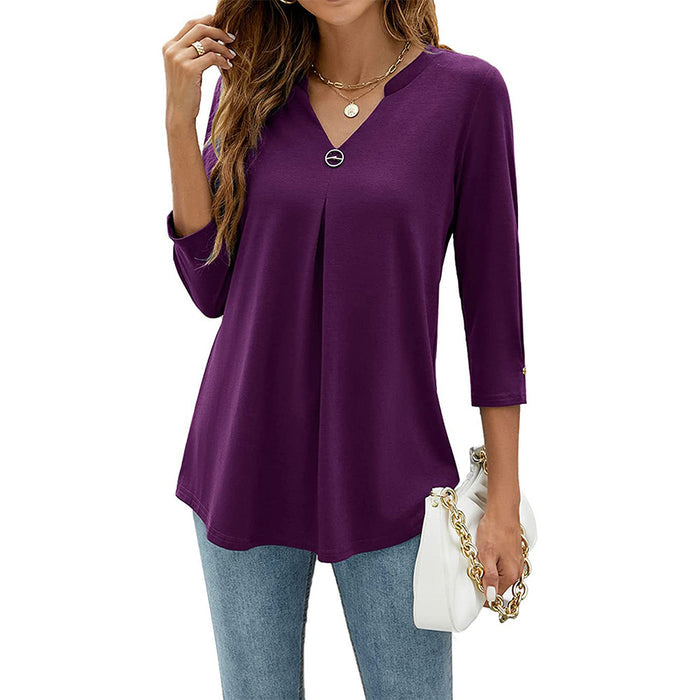Womens Solid-Color V-Neck Pleated T-Shirt With Three-Quarter Sleeves And Button Accents – Premium 0 | RICALOUX