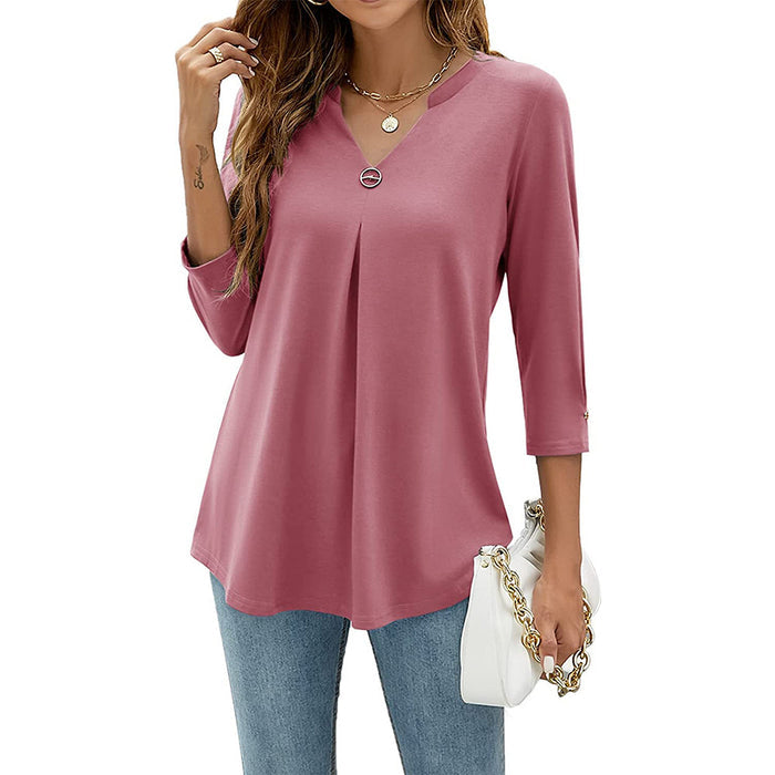 Womens Solid-Color V-Neck Pleated T-Shirt With Three-Quarter Sleeves And Button Accents – Premium 0 | RICALOUX