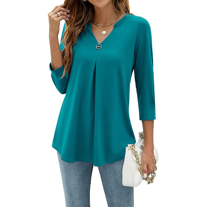 Womens Solid-Color V-Neck Pleated T-Shirt With Three-Quarter Sleeves And Button Accents – Premium 0 | RICALOUX