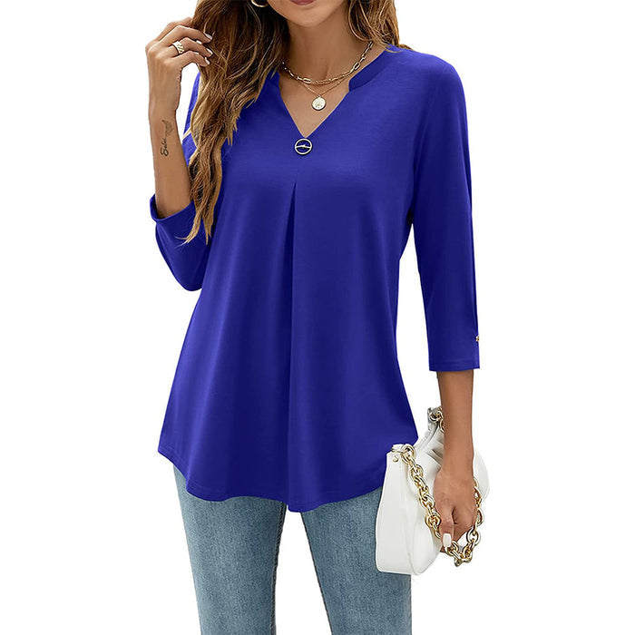 Womens Solid-Color V-Neck Pleated T-Shirt With Three-Quarter Sleeves And Button Accents – Premium 0 | RICALOUX