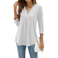Womens Solid-Color V-Neck Pleated T-Shirt With Three-Quarter Sleeves And Button Accents – Premium 0 | RICALOUX