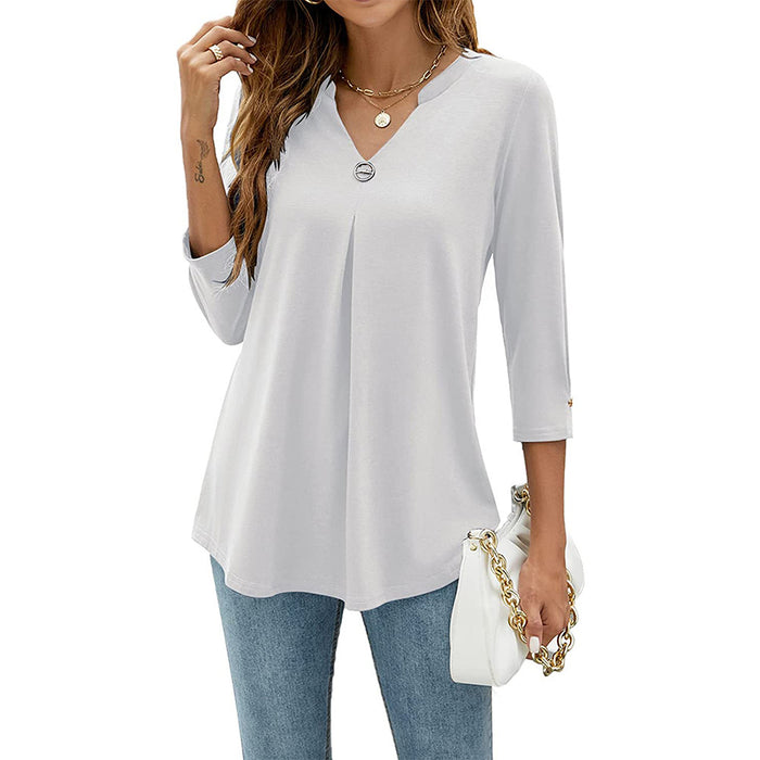 Womens Solid-Color V-Neck Pleated T-Shirt With Three-Quarter Sleeves And Button Accents – Premium 0 | RICALOUX