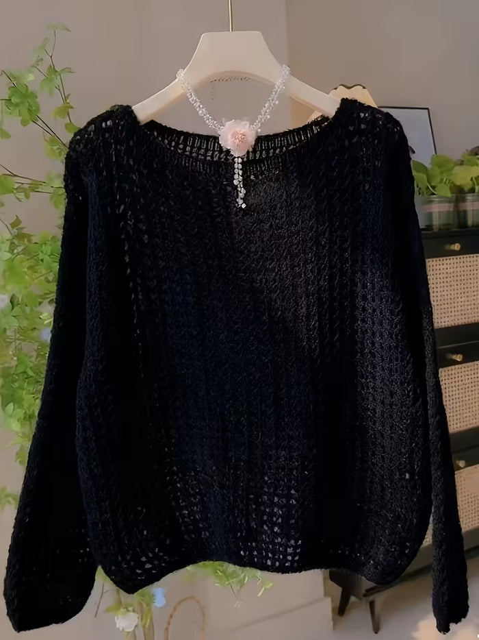 Womens Solid-color Versatile Breathable Hollow-out Top by Ricaloux