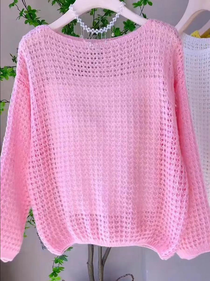 Womens Solid-color Versatile Breathable Hollow-out Top by Ricaloux