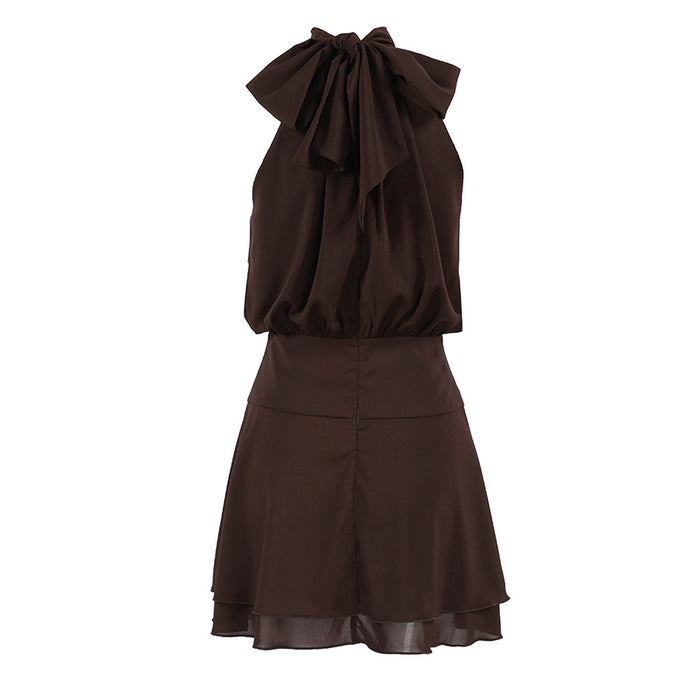 Womens Solid-color Waist-cinching Chiffon Halter Dress – Premium 0 | RICALOUX